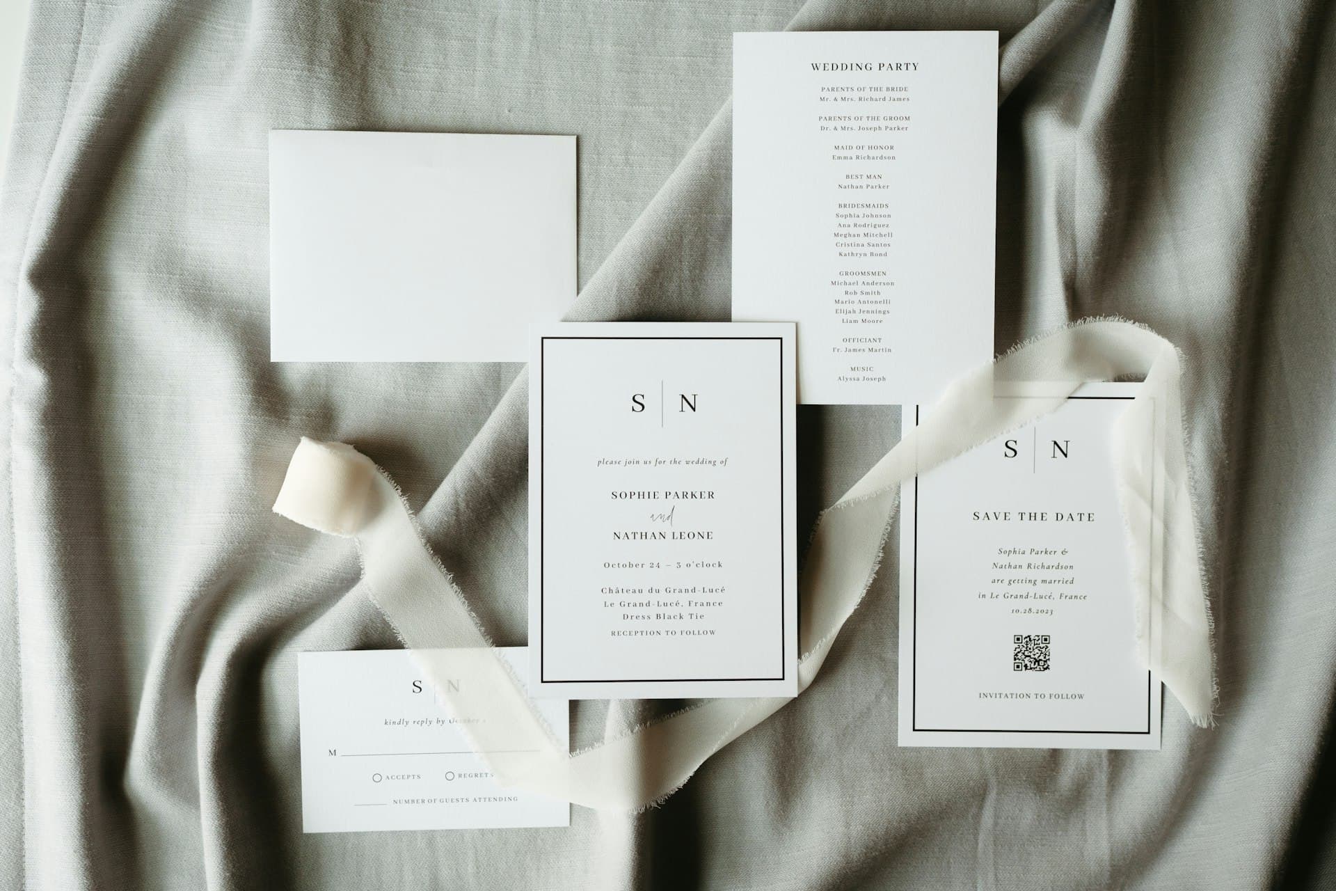 A printed wedding stationery suite laid out on linen
